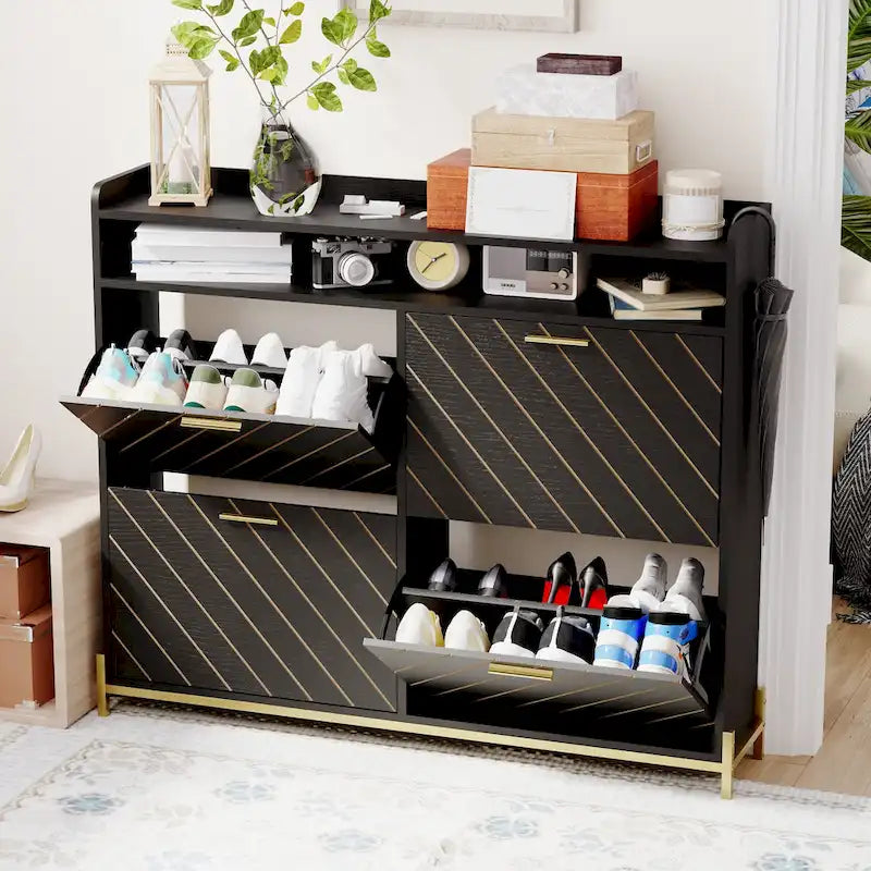 Rustic Brown 4-Door Flip Shoe Storage Cabinet