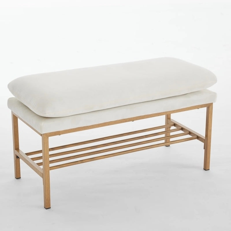 End of Bed Bench with Shelf, Linen Upholstered Storage Shoe Bench,Bedroom Bench with Metal Legs,300 LB