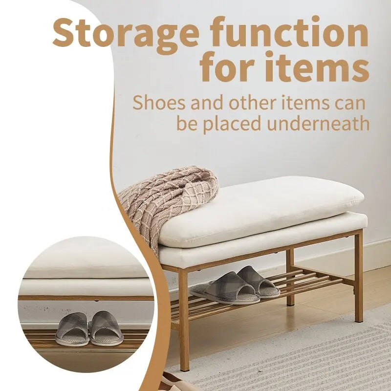 Beige Upholstered Storage Bench with Metal Legs - 32"