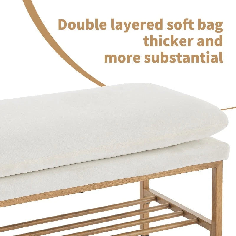 Beige Upholstered Storage Bench with Metal Legs - 32"