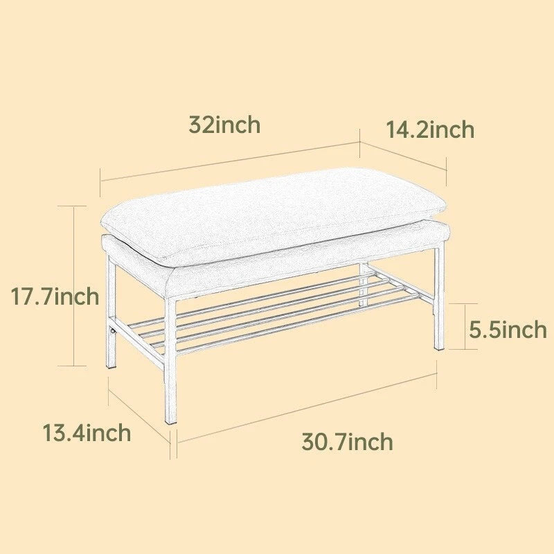 Beige Upholstered Storage Bench with Metal Legs - 32"
