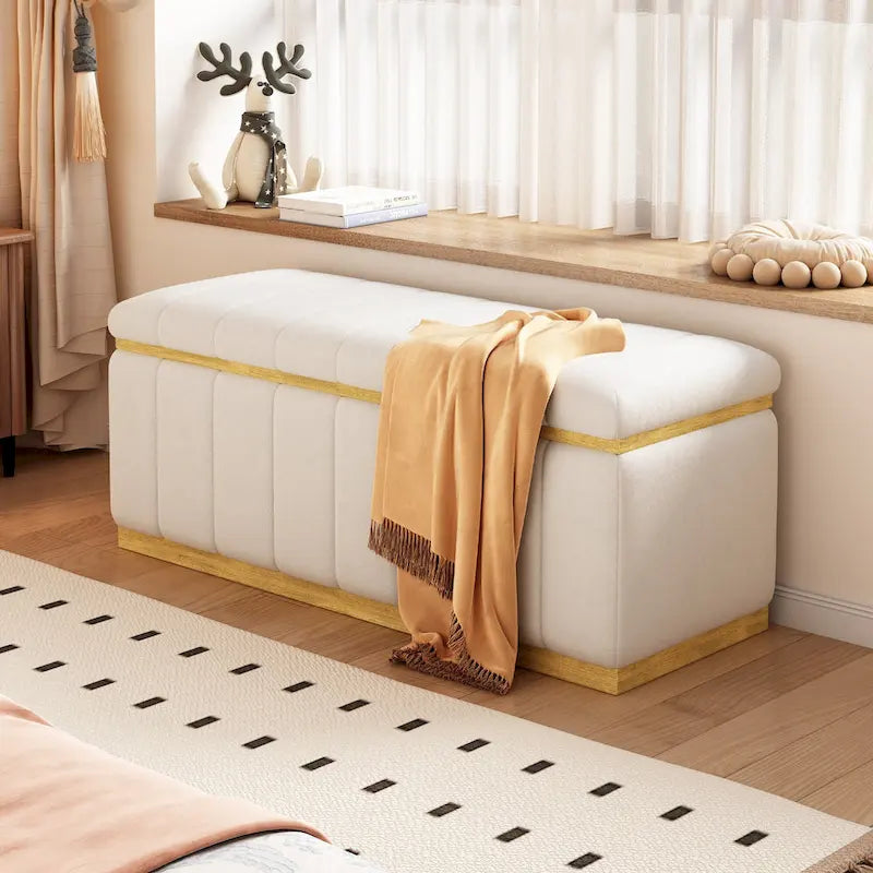 Beige Linen Storage Bench - Oak Wood Base - 40" - Seats 2-3