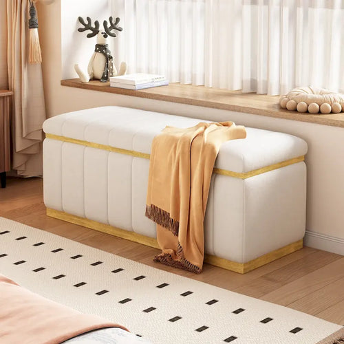 Beige Linen Storage Bench - Oak Wood Base - 40" - Seats 2-3