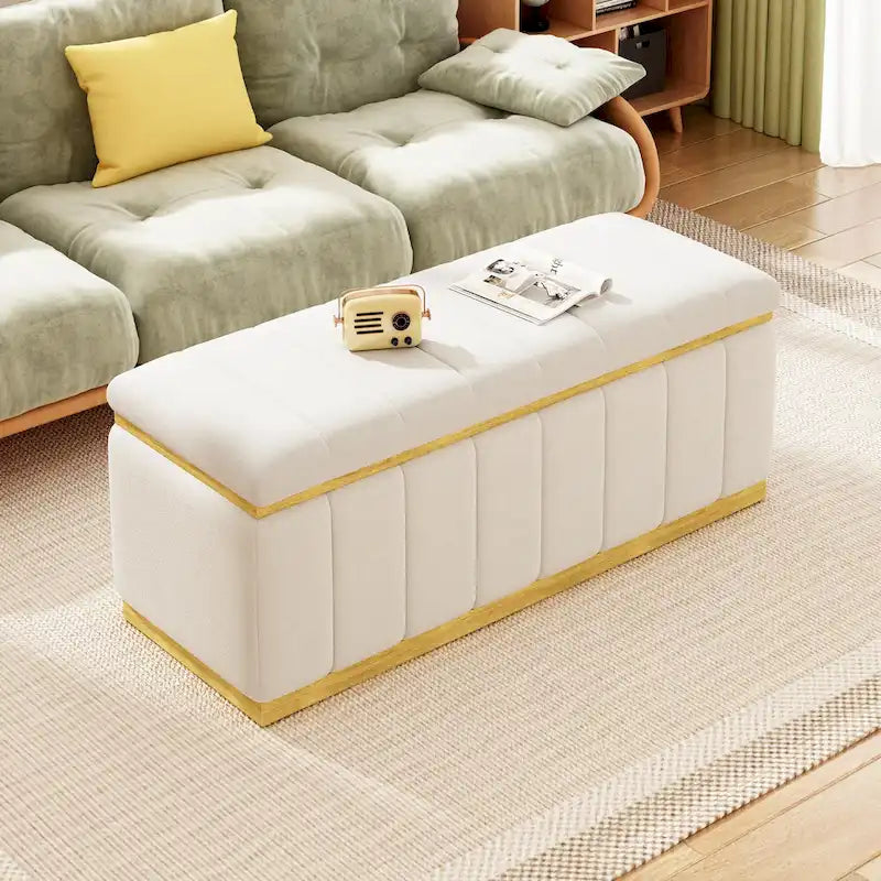Beige Linen Storage Bench - Oak Wood Base - 40" - Seats 2-3