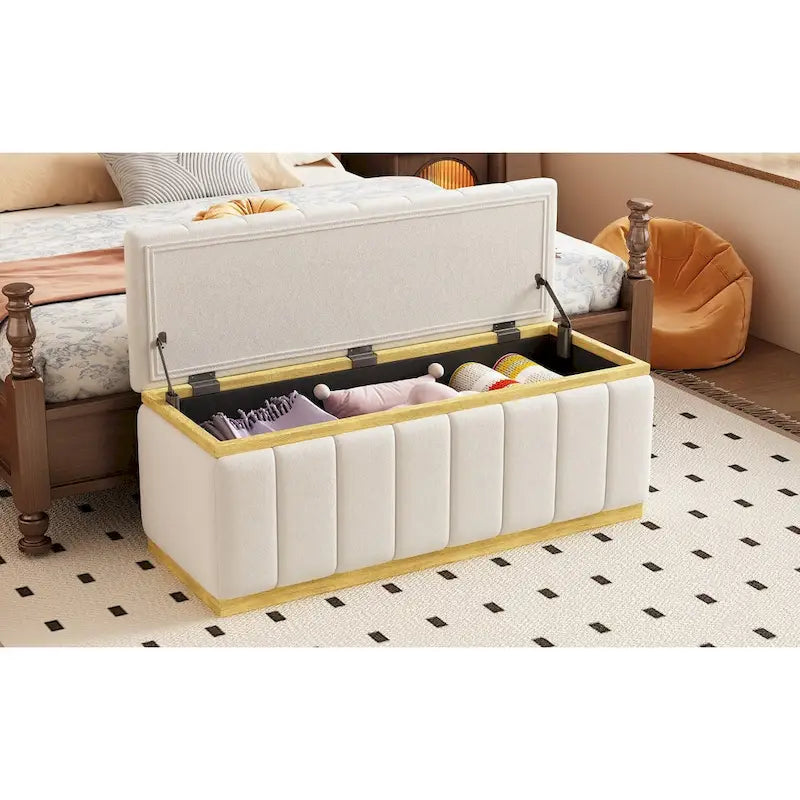 Beige Linen Storage Bench - Oak Wood Base - 40" - Seats 2-3