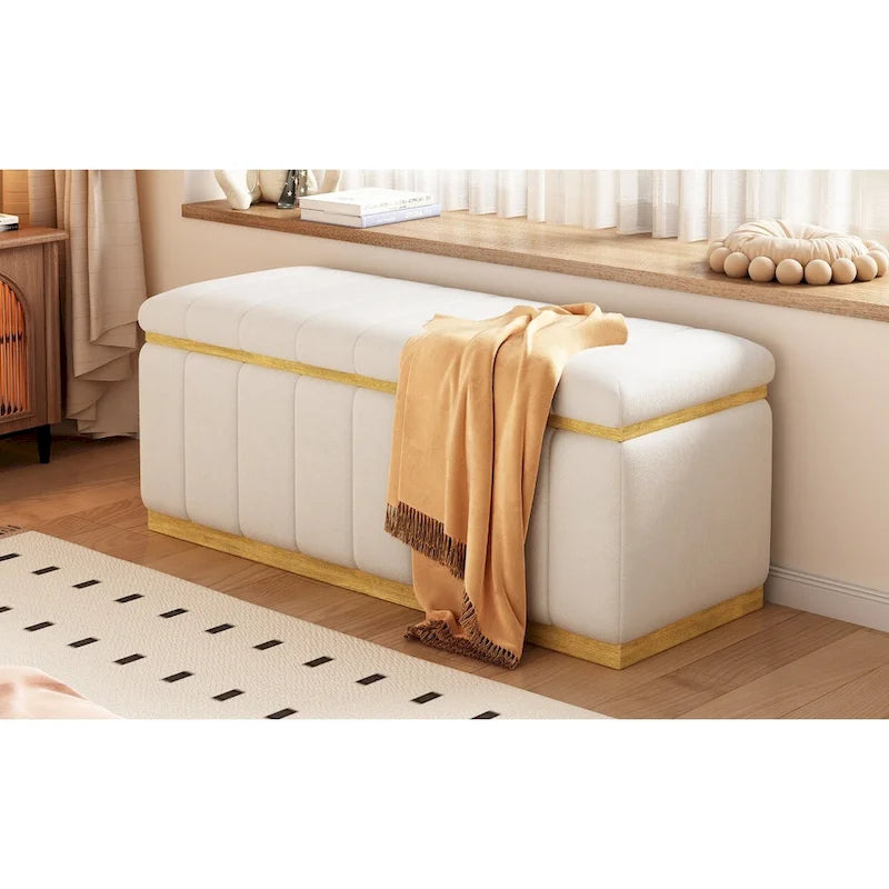 Beige Linen Storage Bench - Oak Wood Base - 40" - Seats 2-3