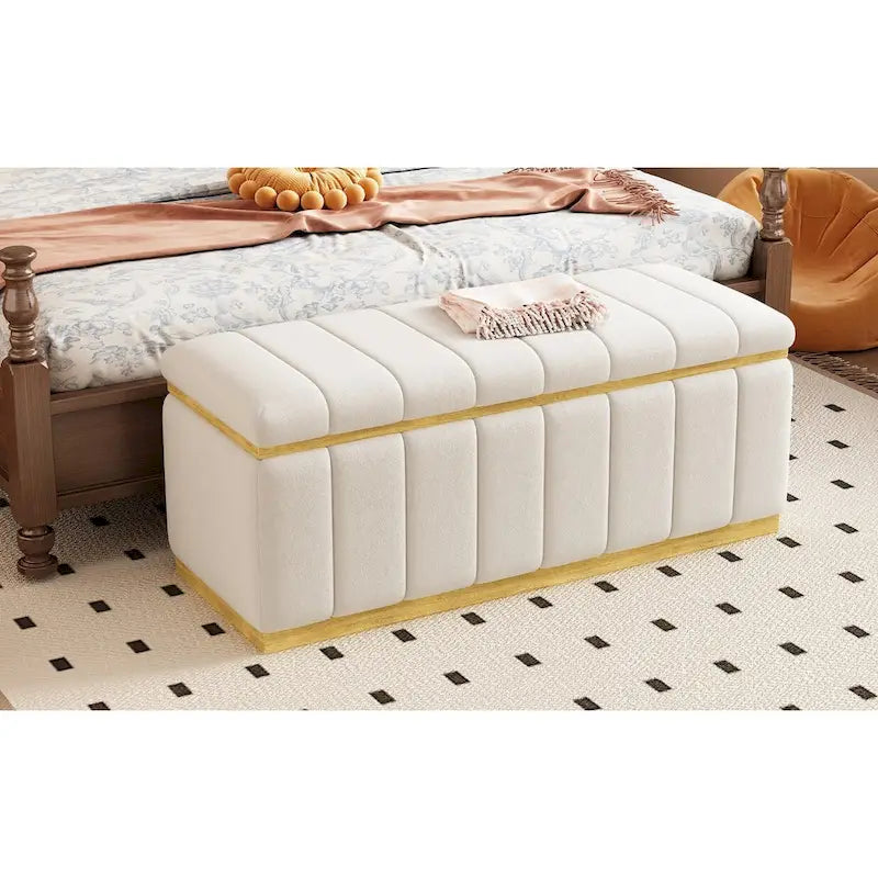 Beige Linen Storage Bench - Oak Wood Base - 40" - Seats 2-3