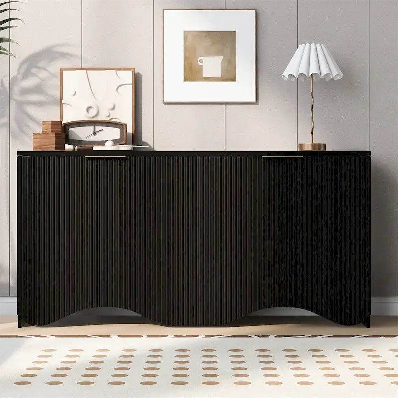 White 4-Door Cabinet with Vertical Stripe and Wavy Design