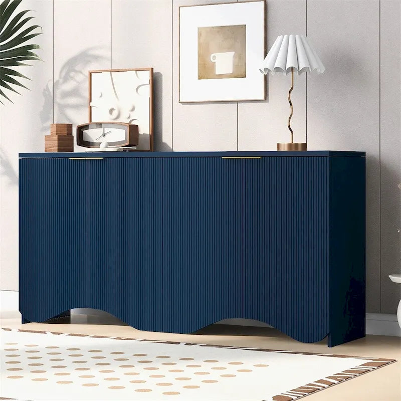 White 4-Door Cabinet with Vertical Stripe and Wavy Design