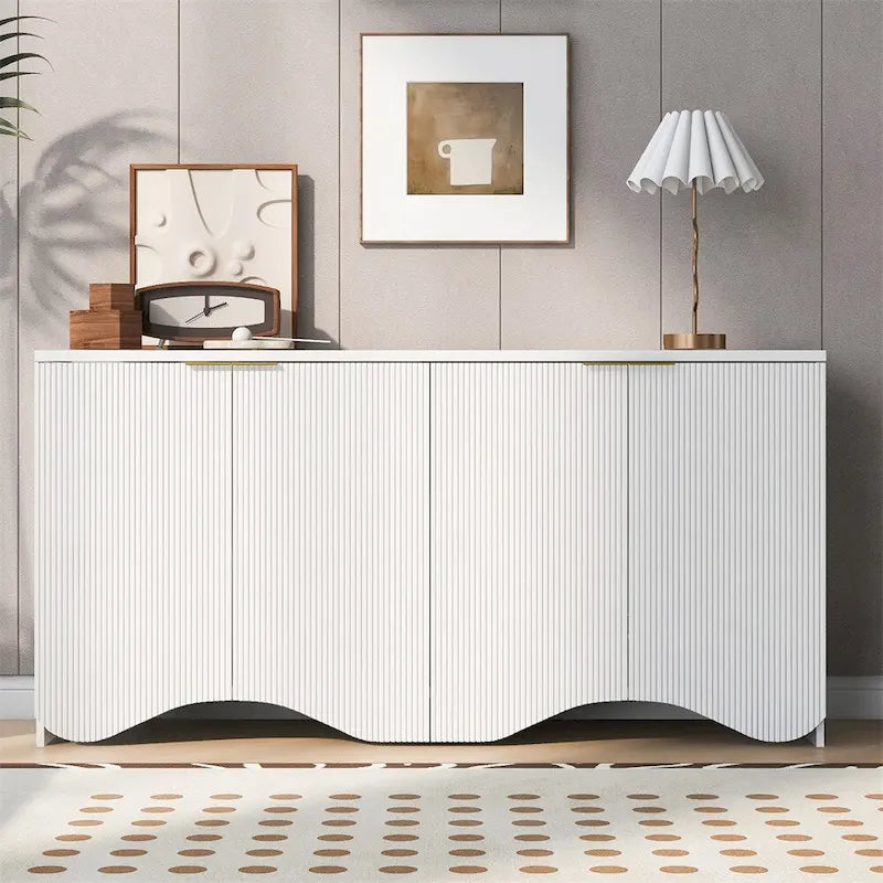 White 4-Door Cabinet with Vertical Stripe and Wavy Design