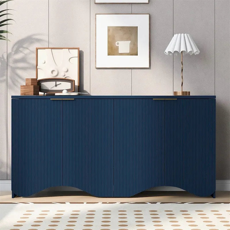 White 4-Door Cabinet with Vertical Stripe and Wavy Design