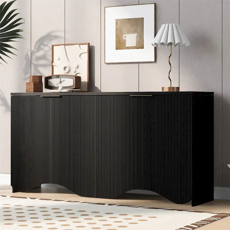 White 4-Door Cabinet with Vertical Stripe and Wavy Design