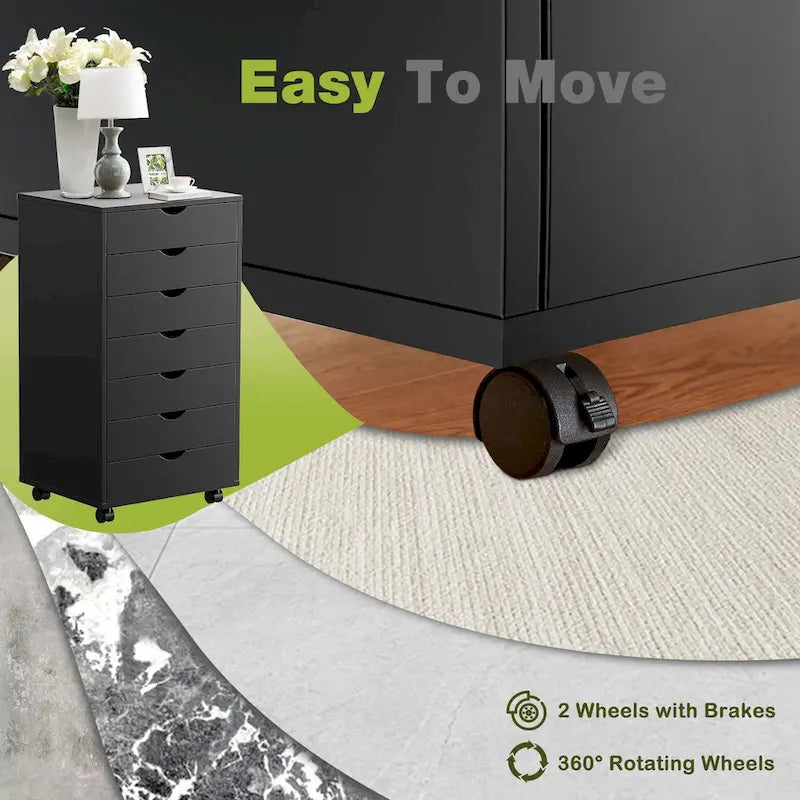7-Drawer Mobile File Cabinet - Rolling Wheels - Black or White