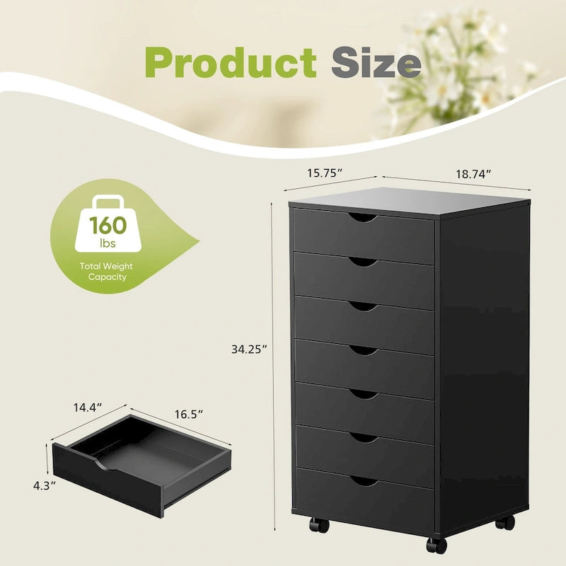 7-Drawer Mobile File Cabinet - Rolling Wheels - Black or White