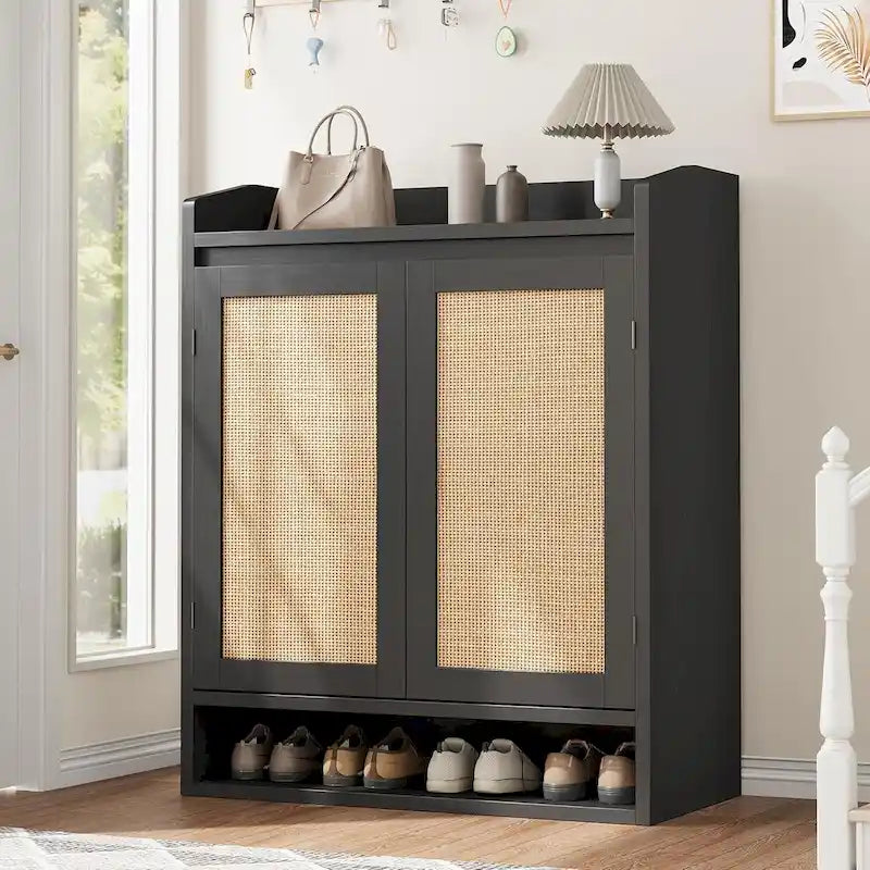 Natural Rattan 2-Door Shoe Storage Cabinet