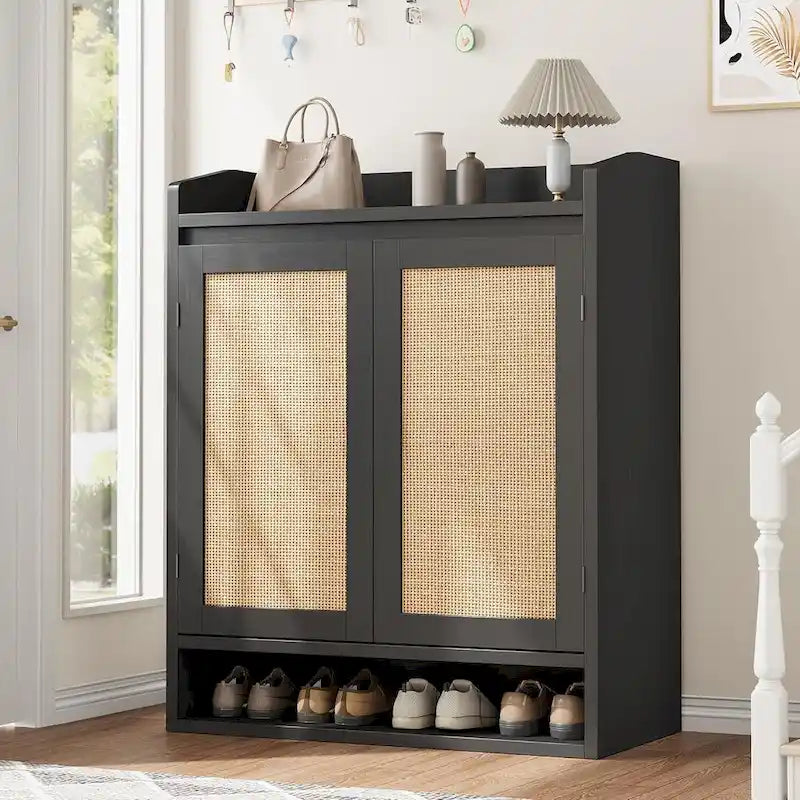 Natural Rattan 2-Door Shoe Storage Cabinet