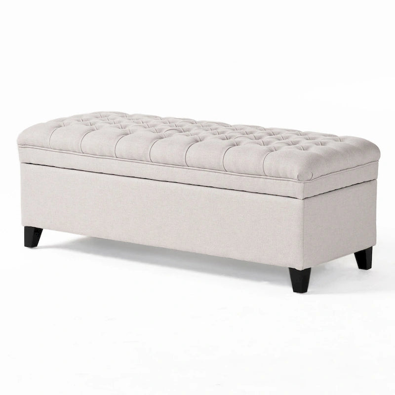 Rhya Storage Bench Ottoman, 50 Inch Seat, Button Tufted Gray Fabric