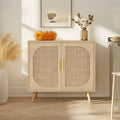 Natural Rattan 2-Door Storage Cabinet with Wood Feet