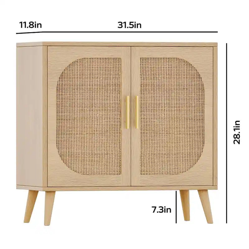 Natural Rattan 2-Door Storage Cabinet with Wood Feet