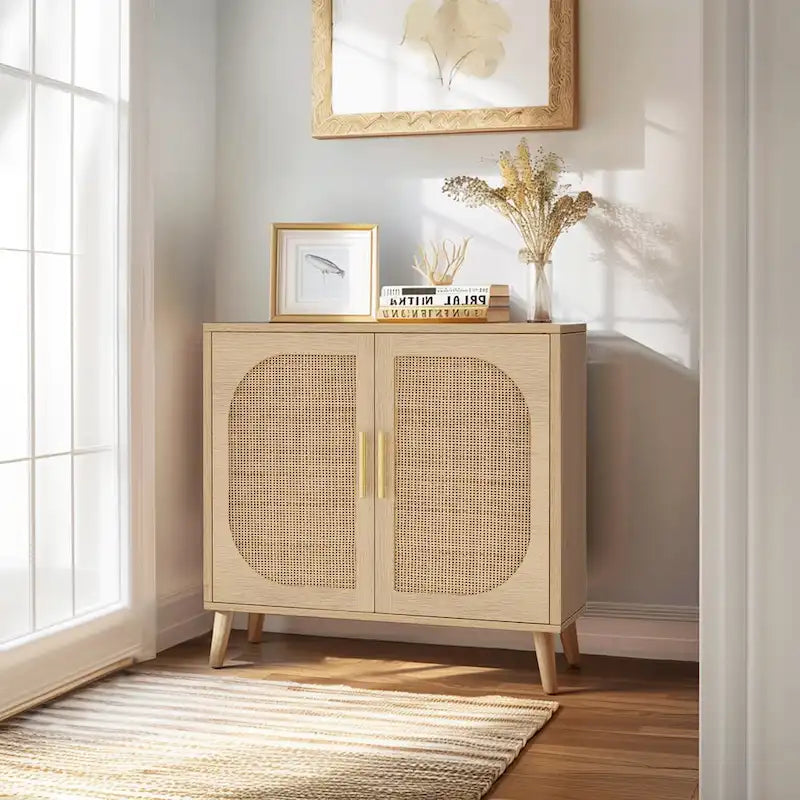 Natural Rattan 2-Door Storage Cabinet with Wood Feet