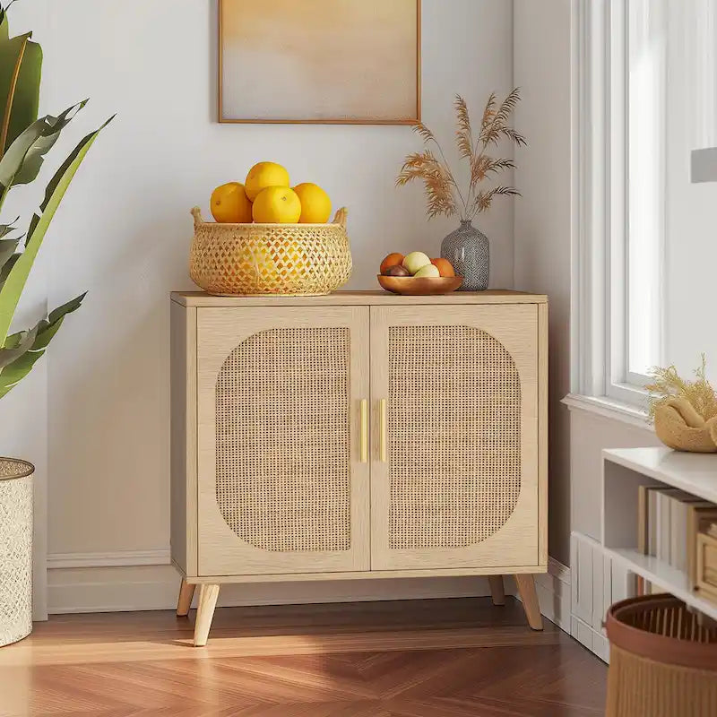 Natural Rattan 2-Door Storage Cabinet with Wood Feet