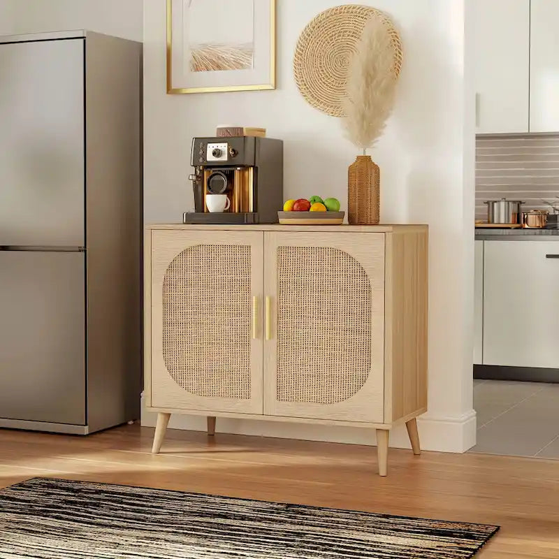 Natural Rattan 2-Door Storage Cabinet with Wood Feet