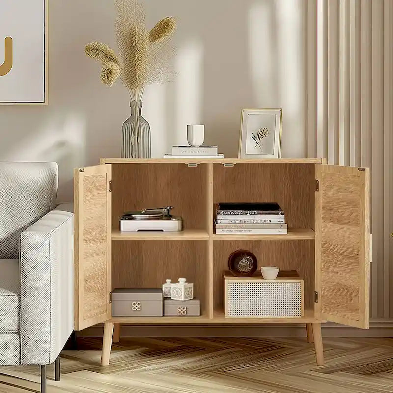 Natural Rattan 2-Door Storage Cabinet with Wood Feet