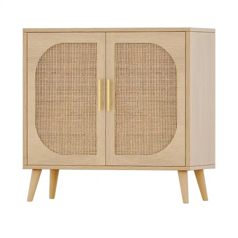 Natural Rattan 2-Door Storage Cabinet with Wood Feet