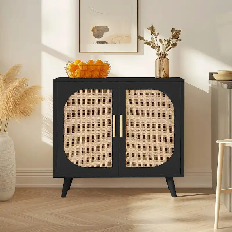 Natural Rattan 2-Door Storage Cabinet with Wood Feet