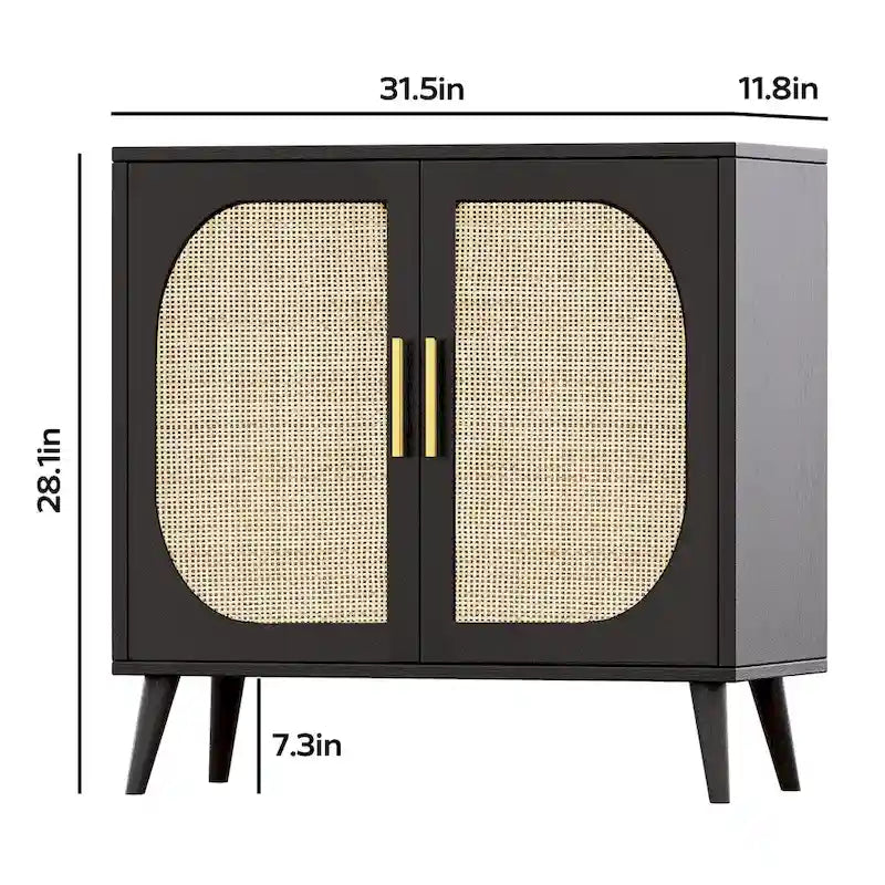 Natural Rattan 2-Door Storage Cabinet with Wood Feet