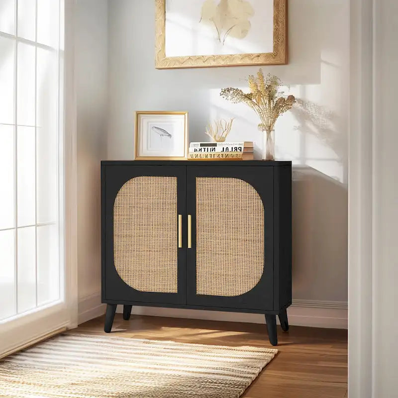 Natural Rattan 2-Door Storage Cabinet with Wood Feet