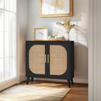 Natural Rattan 2-Door Storage Cabinet with Wood Feet