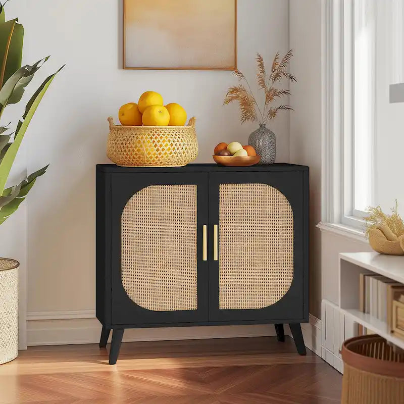 Natural Rattan 2-Door Storage Cabinet with Wood Feet