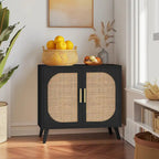 Natural Rattan 2-Door Storage Cabinet with Wood Feet