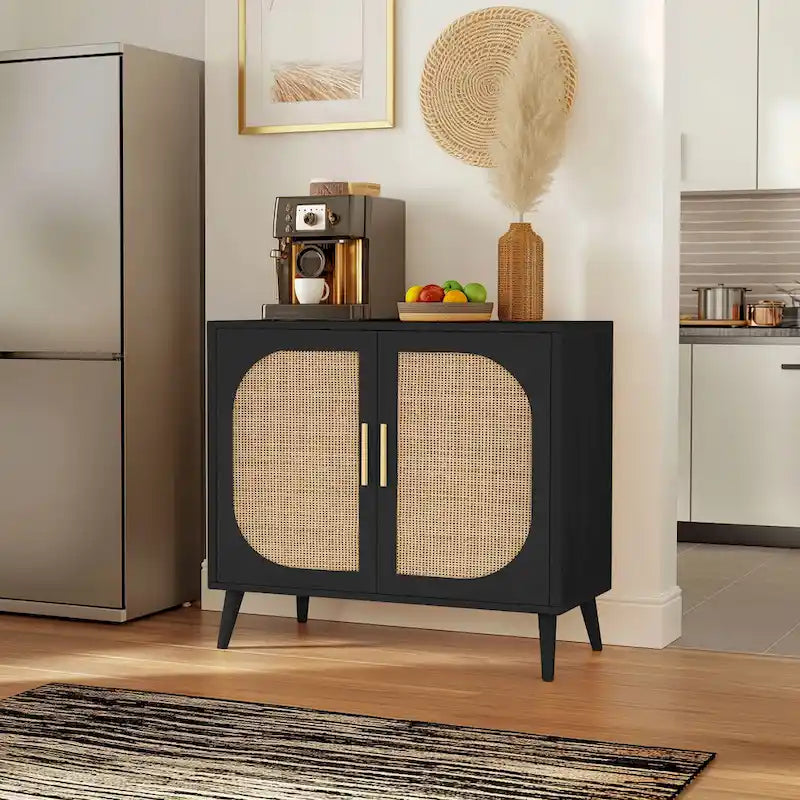 Natural Rattan 2-Door Storage Cabinet with Wood Feet