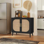 Natural Rattan 2-Door Storage Cabinet with Wood Feet