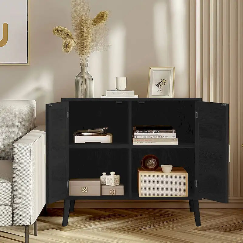 Natural Rattan 2-Door Storage Cabinet with Wood Feet