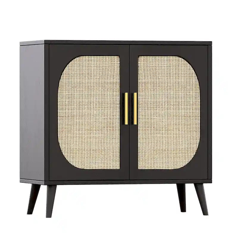 Natural Rattan 2-Door Storage Cabinet with Wood Feet