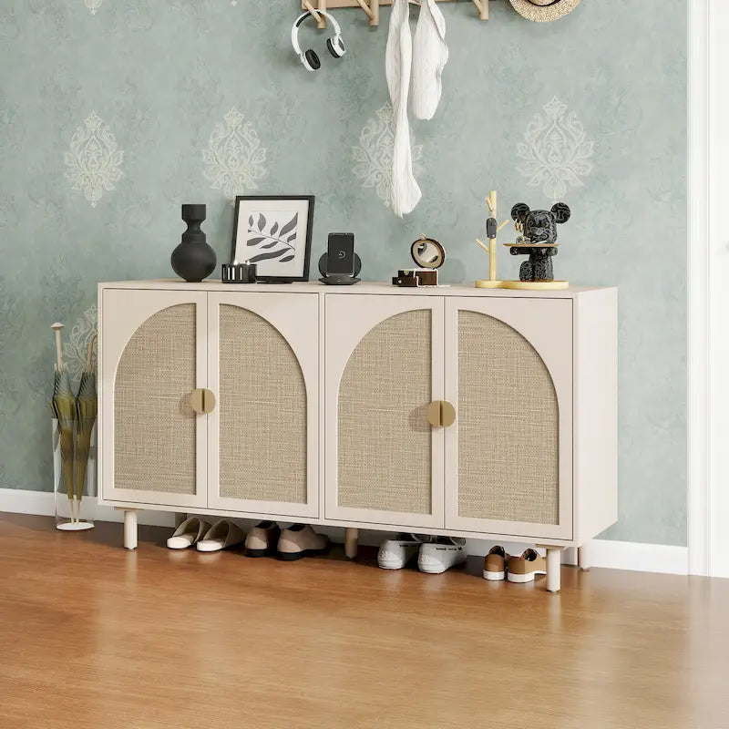 Natural Rattan 4-Door Storage Cabinet for Living Room