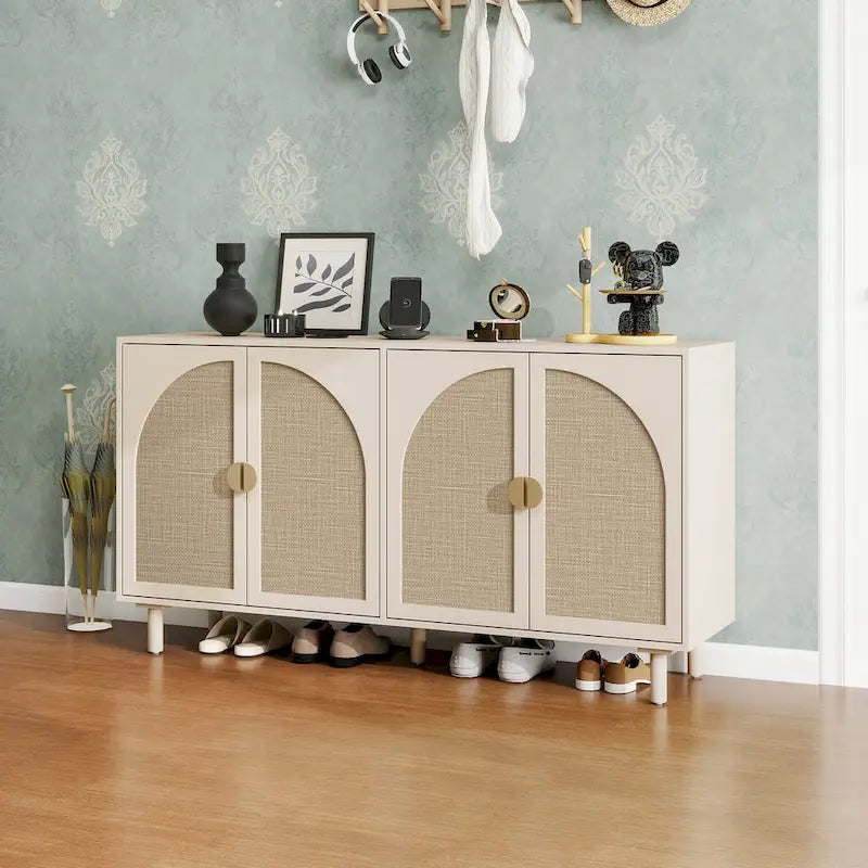 Natural Rattan 4-Door Storage Cabinet for Living Room