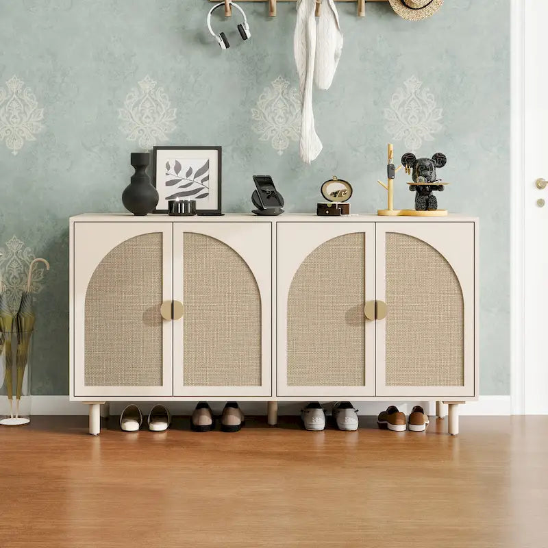 Natural Rattan 4-Door Storage Cabinet for Living Room