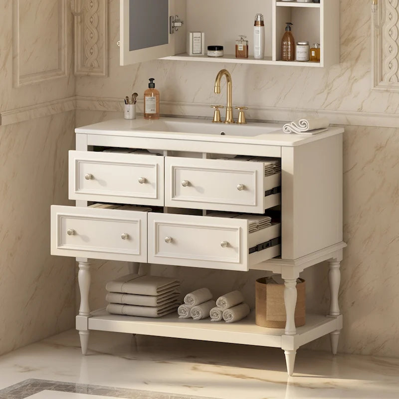 36" Bathroom Vanity with Ceramic Sink and 4 Drawers