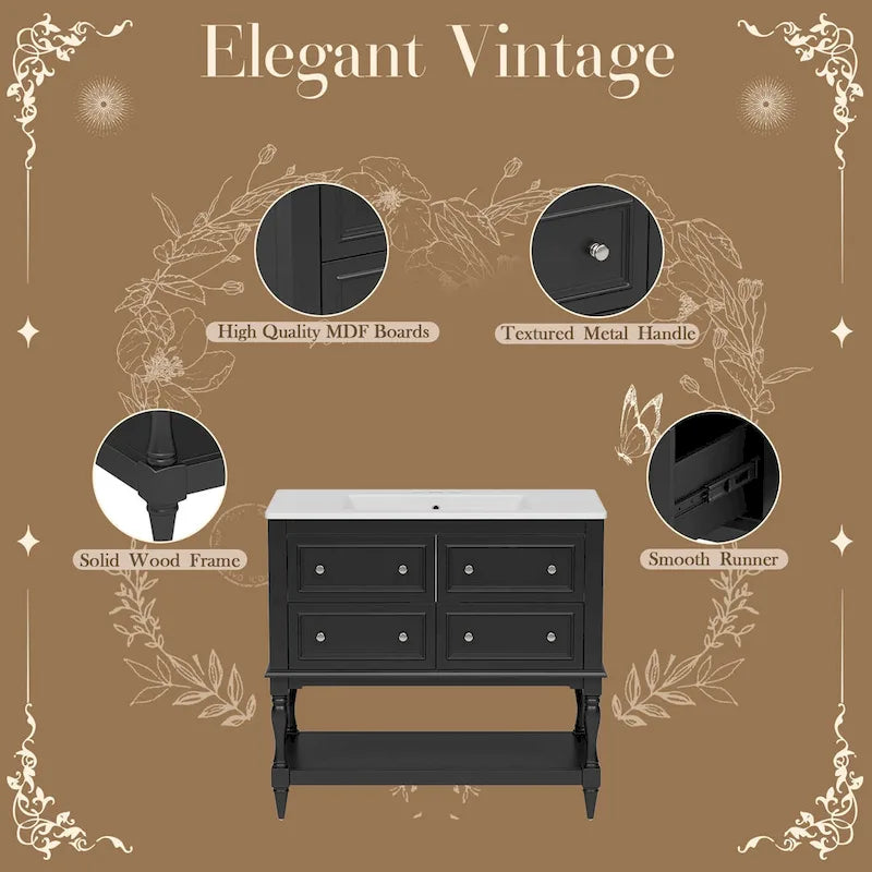 36" Bathroom Vanity with Ceramic Sink and 4 Drawers