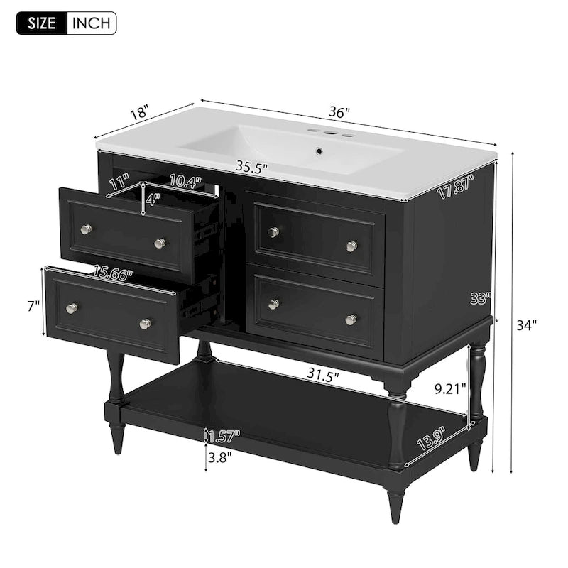 36" Bathroom Vanity with Ceramic Sink and 4 Drawers