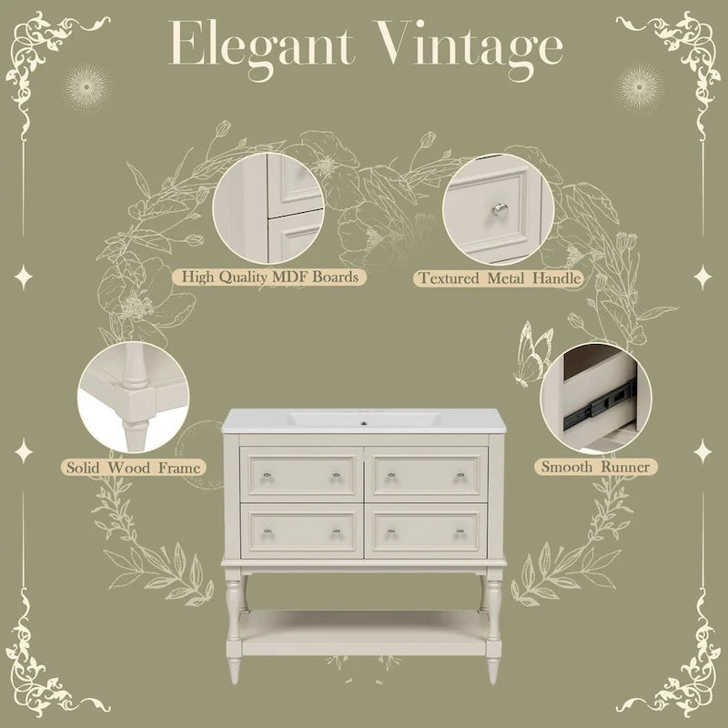 36" Bathroom Vanity with Ceramic Sink and 4 Drawers