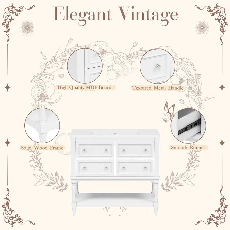 36" Bathroom Vanity with Ceramic Sink and 4 Drawers