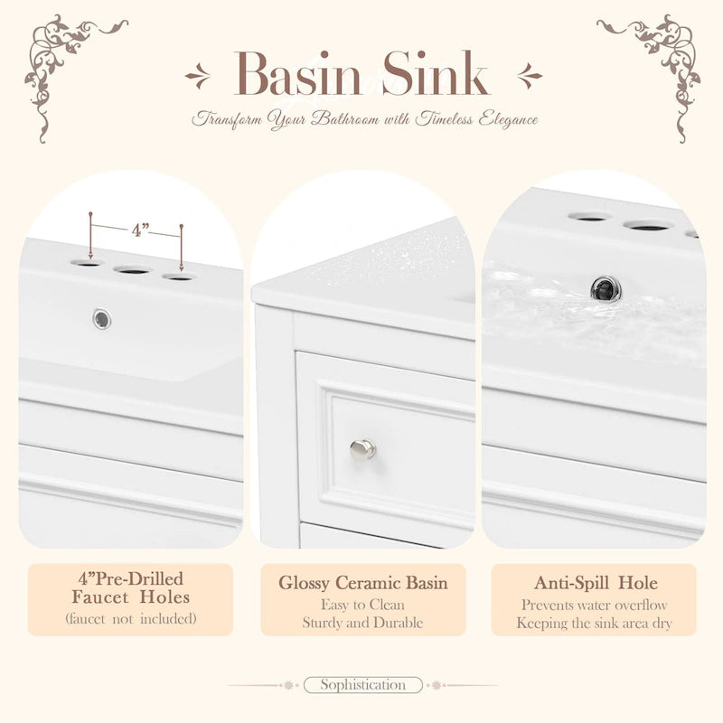 36" Bathroom Vanity with Ceramic Sink and 4 Drawers