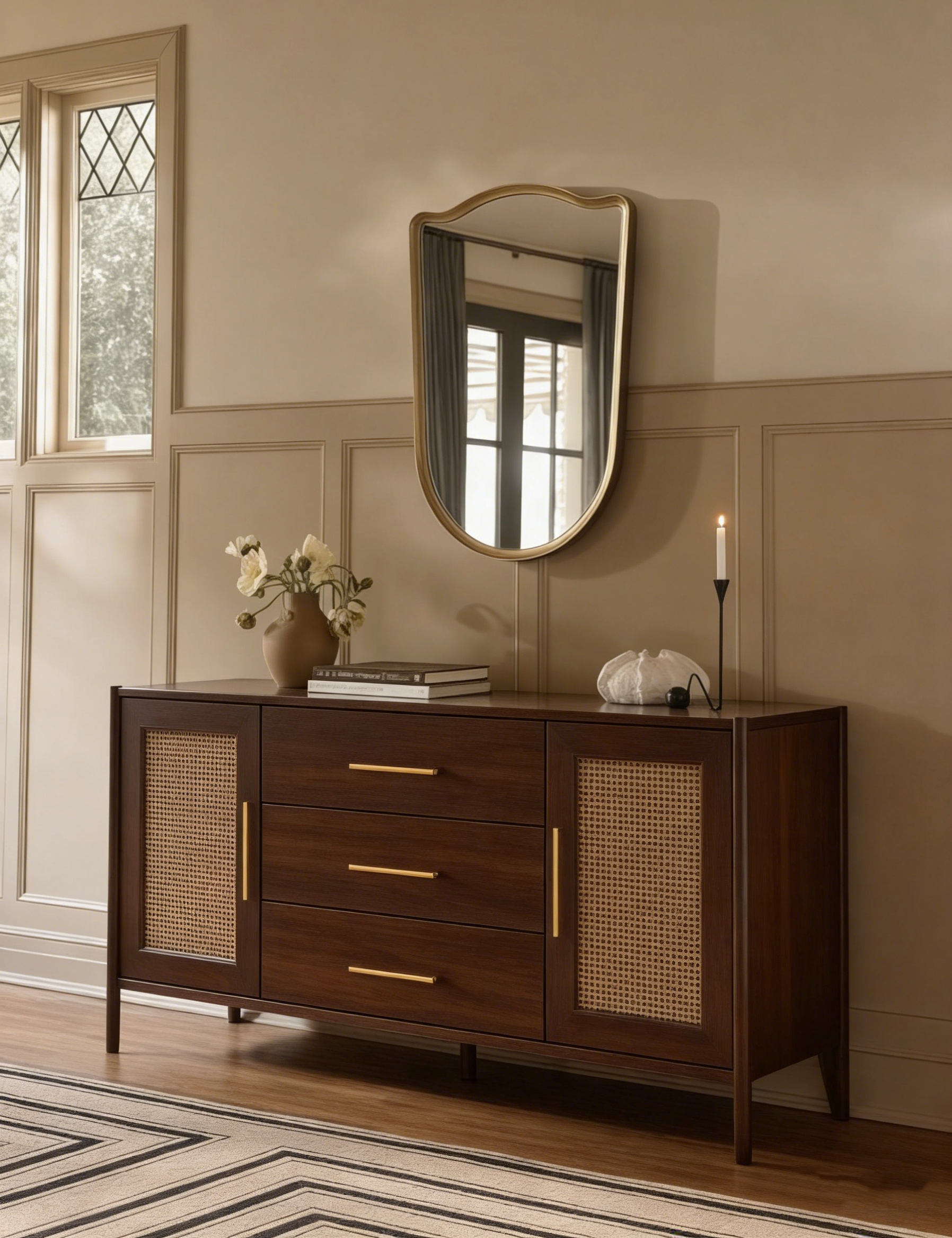 59" Rattan Storage Cabinet with 3 Drawers - Black/White