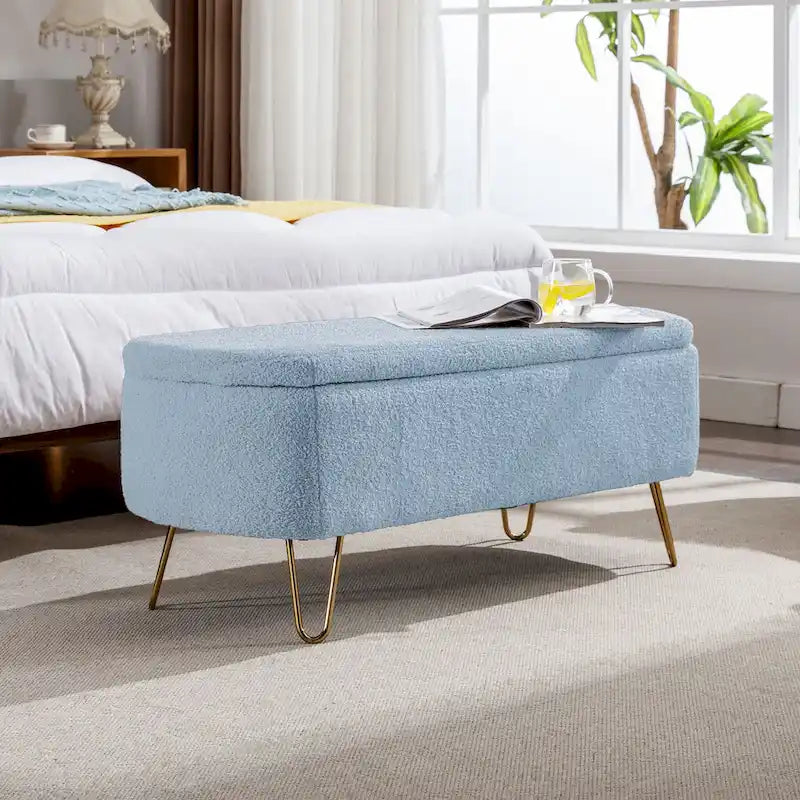 Blue Storage Ottoman Bench - Pleated Design - Gold Metal Legs