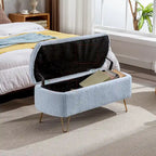 Blue Storage Ottoman Bench - Pleated Design - Gold Metal Legs